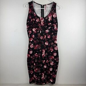 THREE PURPLE HEARTS Womens Fitted Sheath Dress Sleeveless Black Floral - L